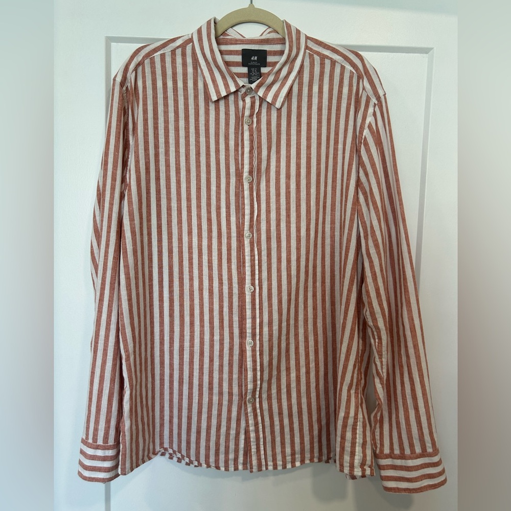 H&M Long Sleeve Mens Shirt XL cotton/linen orange stripe